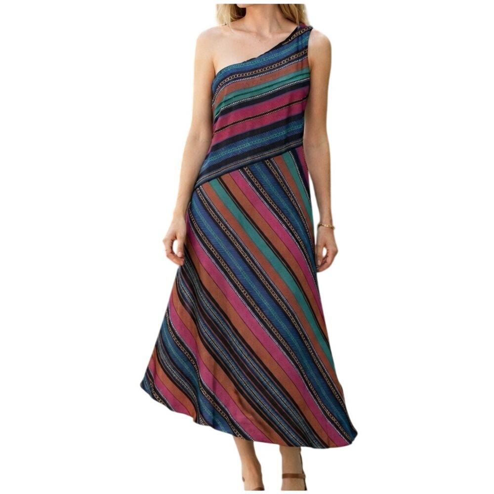 Maggy London‎ Sz Small Resort Maxi Dress Colorful Stripe Asymmetrical Boho